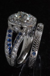 hand-engraved-palladium-diamond-sapphire-suite Hand Engraved Diamond Rings